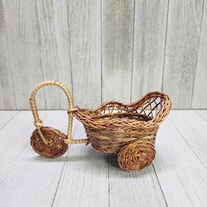 Vintage Wicker Tricycle Carriage Planter Bamboo Rattan 5'' Decorative